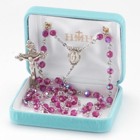 Rosary Sterling Crucifix and Centerpiece Created with Swarovski Crystal 6mm Faceted Round Fuchsia Beads by HMH