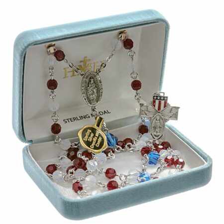Military Rosary Sterling Crucifix and Centerpiece Created with Swarovski Crystal 6mm Faceted Round Red, White Opal, and Blue Beads by HMH