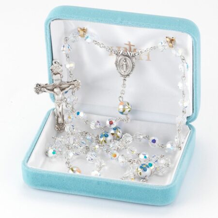 Rosary Sterling Crucifix and Centerpiece Created with Swarovski Crystal 6mm Faceted Aurora Borealis Beads by HMH