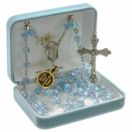 Rosary Sterling Crucifix and Centerpiece Created with Swarovski Crystal 7mm Faceted Aqua Beads by HMH