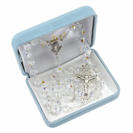 Rosary Sterling Crucifix and Centerpiece Created with Swarovski Crystal 7mm Faceted Aurora Borealis Beads by HMH
