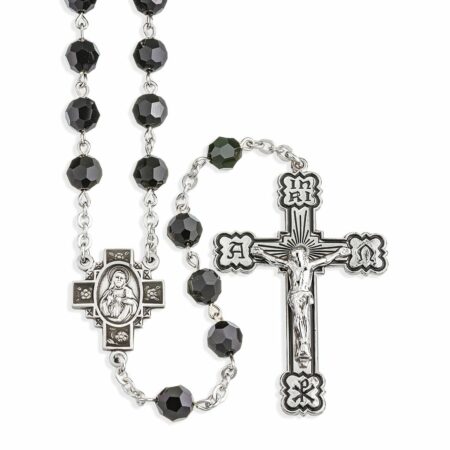 Rosary Sterling Crucifix and Centerpiece Created with Swarovski Crystal 7mm Faceted Jet Black Beads by HMH