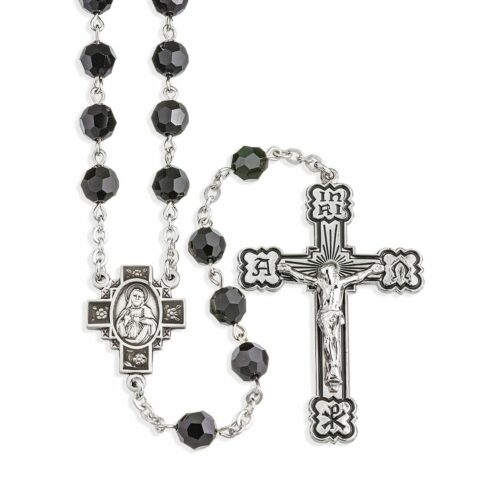 Rosary Sterling Crucifix and Centerpiece Created with Swarovski Crystal 7mm Faceted Jet Black Beads by HMH