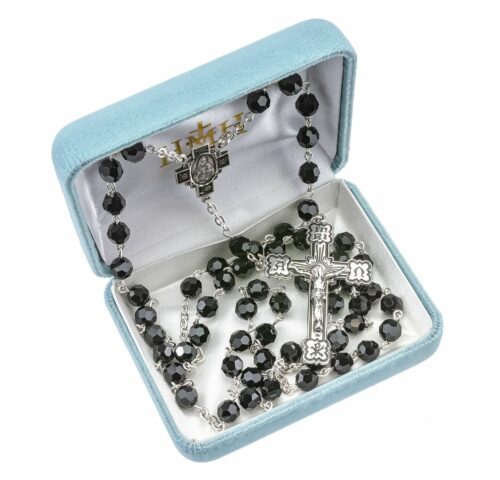 Rosary Sterling Crucifix and Centerpiece Created with Swarovski Crystal 7mm Faceted Jet Black Beads by HMH - Image 3