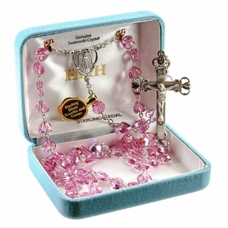 Rosary Sterling Crucifix and Centerpiece Created with Swarovski Crystal 8mm Heart Shape Beads in Pink by HMH