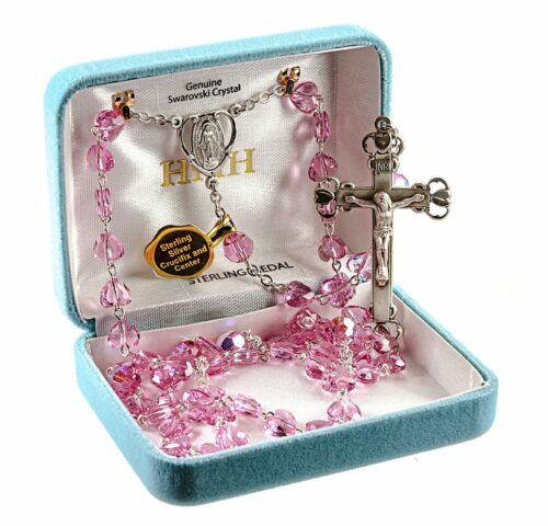 Rosary Sterling Crucifix and Centerpiece Created with Swarovski Crystal 8mm Heart Shape Beads in Pink by HMH
