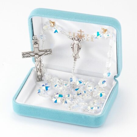 Rosary Sterling Crucifix and Centerpiece Created with Swarovski Crystal 8mm Heart Shape Aurora Borealis Beads by HMH