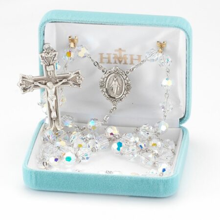 Rosary Sterling Crucifix and Centerpiece Created with Swarovski Crystal 8mm Aurora Borealis Beads by HMH