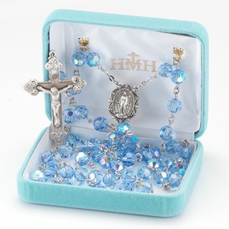 Rosary Sterling Crucifix and Centerpiece Created with Swarovski Crystal 8mm Beads in Light Sapphire by HMH