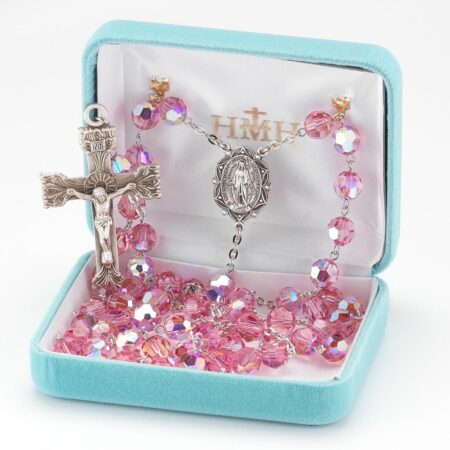 Rosary Sterling Crucifix and Centerpiece Created with Swarovski Crystal 8mm Beads in Pink by HMH