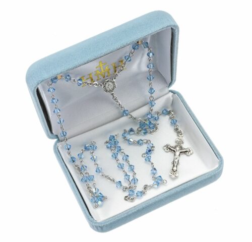 Rosary Sterling Crucifix and Centerpiece Created with Swarovski Crystal 4mm Faceted Tin Cut Bicone Beads in Aqua by HMH - Image 2