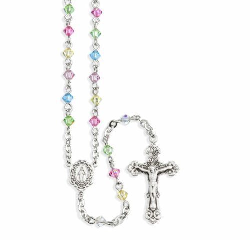 Rosary Sterling Crucifix and Centerpiece Created with Swarovski Crystal 4mm Faceted Tin Cut Bicone Beads in Multi-Color by HMH