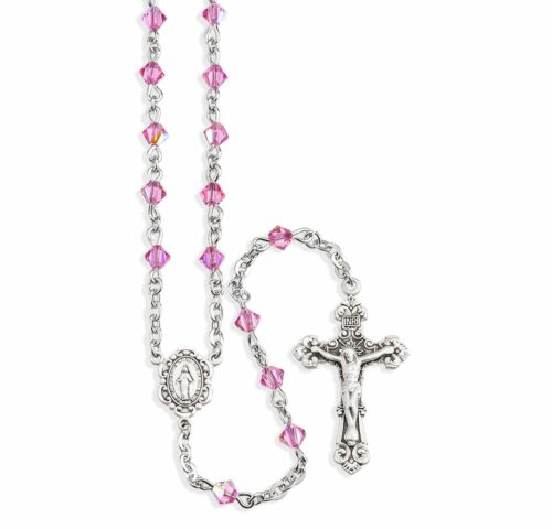 Rosary Sterling Crucifix and Centerpiece Created with Swarovski Crystal 4mm Faceted Tin Cut Bicone Beads in Pink by HMH