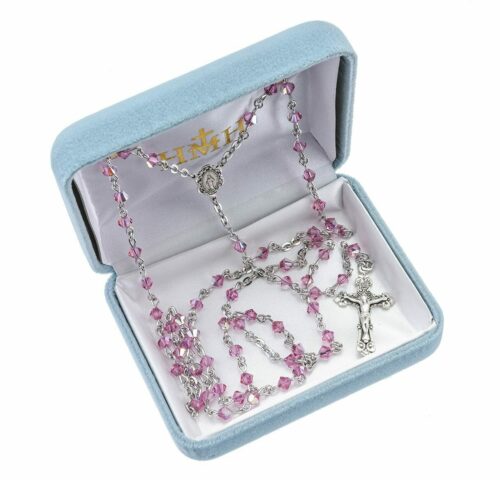 Rosary Sterling Crucifix and Centerpiece Created with Swarovski Crystal 4mm Faceted Tin Cut Bicone Beads in Pink by HMH - Image 2