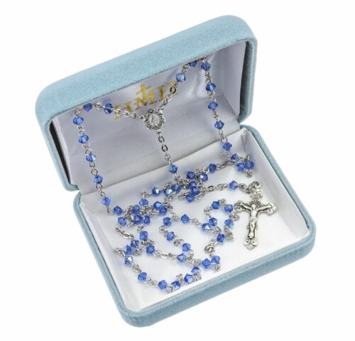Rosary Sterling Crucifix and Centerpiece Created with Swarovski Crystal 4mm Faceted Tin Cut Bicone Beads in Sapphire by HMH - Image 2