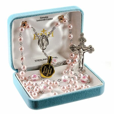 Rosary Sterling Crucifix and Centerpiece Created with Swarovski Crystal 4mm Round Pearl Beads in Pink by HMH