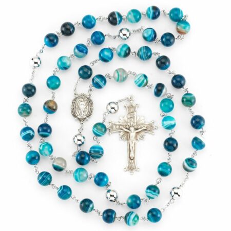 Striped Blue Agate Rosary Sterling Crucifix and Centerpiece