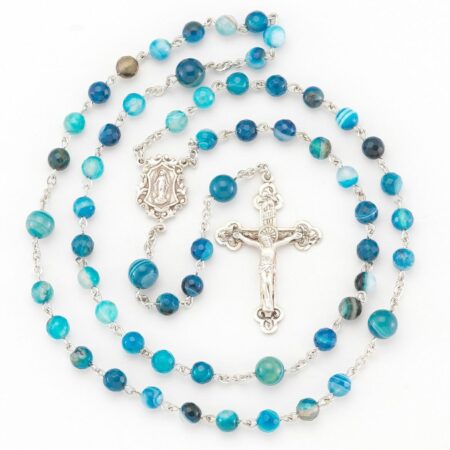 Round Blue Agate Bead Rosary Sterling Crucifix and Centerpiece