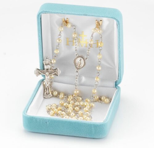 Gold Freshwater Pearl Rosary Sterling Crucifix and Centerpiece