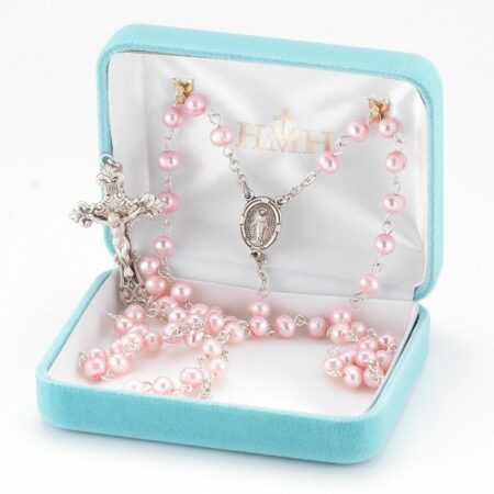Pink Freshwater Pearl Rosary Sterling Crucifix and Centerpiece