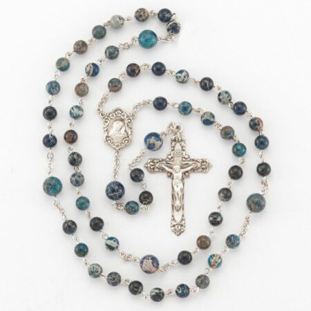 Round Imperial Jasper Blue Bead Rosary Sterling Crucifix and Centerpiece