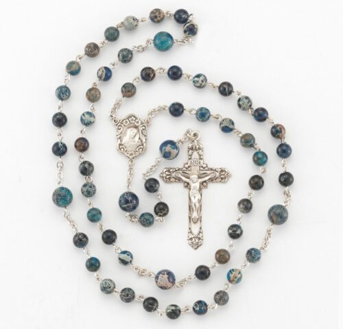 Round Imperial Jasper Blue Bead Rosary Sterling Crucifix and Centerpiece