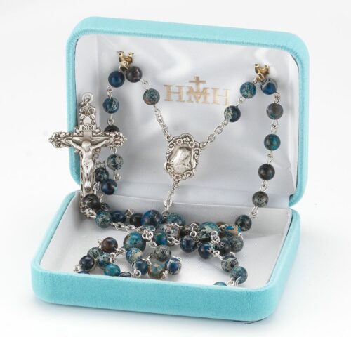 Round Imperial Jasper Blue Bead Rosary Sterling Crucifix and Centerpiece - Image 2