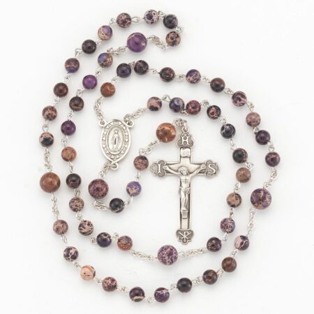 Round Imperial Jasper Purple Bead Rosary Sterling Crucifix and Centerpiece