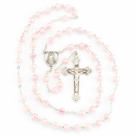 Pink Freshwater Pearl Rosary Sterling Crucifix and Centerpiece