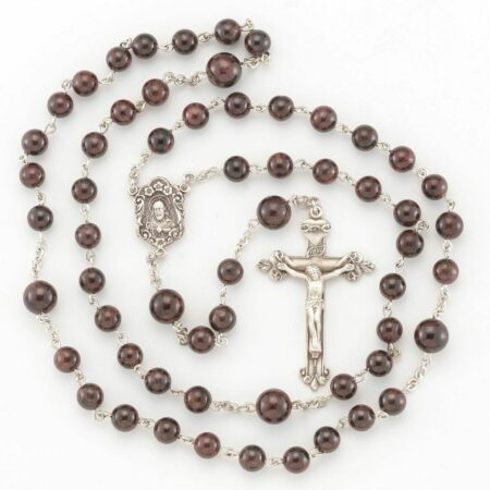 Round Garnet Bead Rosary Sterling Crucifix and Centerpiece