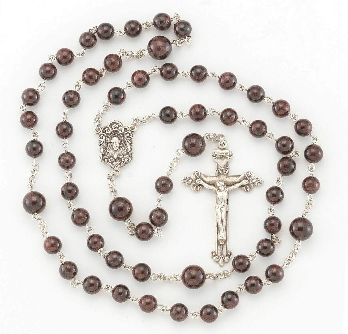 Round Garnet Bead Rosary Sterling Crucifix and Centerpiece - Buy ...
