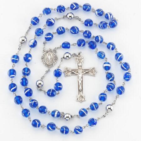 Blue Czech Glass Bead Rosary Sterling Crucifix and Centerpiece