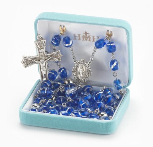 Blue Czech Glass Bead Rosary Sterling Crucifix and Centerpiece - Image 2