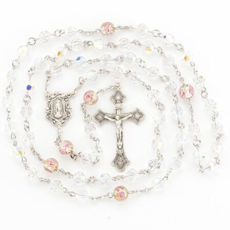 Rosary Sterling Crucifix and Centerpiece Created with Swarovski Crystal 7mm Aurora Borealis Beads by HMH