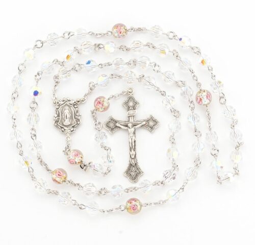 Rosary Sterling Crucifix and Centerpiece Created with Swarovski Crystal 7mm Aurora Borealis Beads by HMH