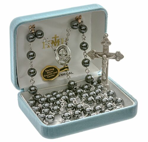Round Genuine Hematite Rosary Sterling Crucifix and Centerpiece - Image 2