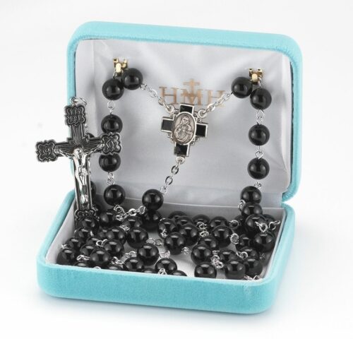 Round Onyx Bead Rosary Sterling Crucifix and Centerpiece - Image 2