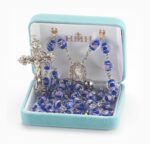 Blue Czech Glass Beads with Pink Flowers Rosary Sterling Crucifix and Centerpiece