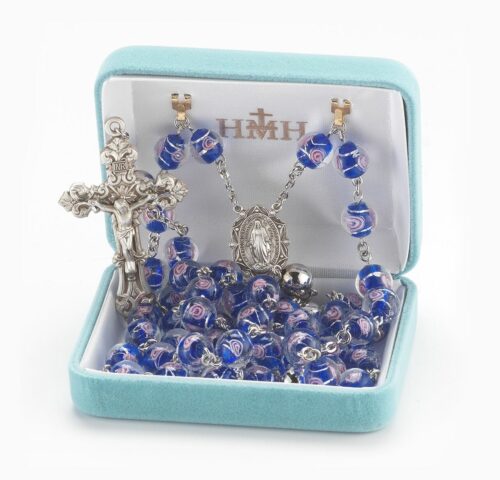 Blue Czech Glass Beads with Pink Flowers Rosary Sterling Crucifix and Centerpiece
