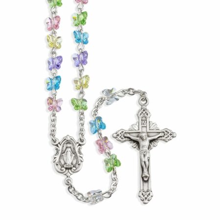 Rosary Sterling Crucifix and Centerpiece Created with Swarovski Crystal 6mm Butterfly Beads in Multi-Color by HMH