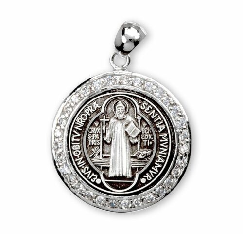 Saint Benedict Round Sterling Silver Medal with Cubic Zirconia's "CZ's" - Image 2