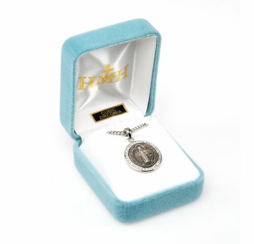 Saint Benedict Round Sterling Silver Medal with Cubic Zirconia's "CZ's" - Image 3