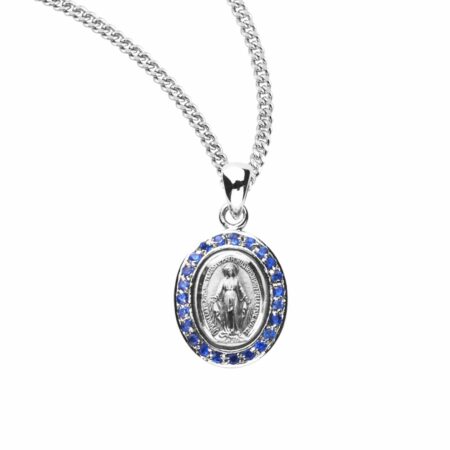 Sterling Silver Sapphire Cubic Zirconia "CZ" Miraculous Medal