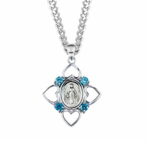 Sterling Silver Aqua Cubic Zirconia "CZ" Miraculous Medal