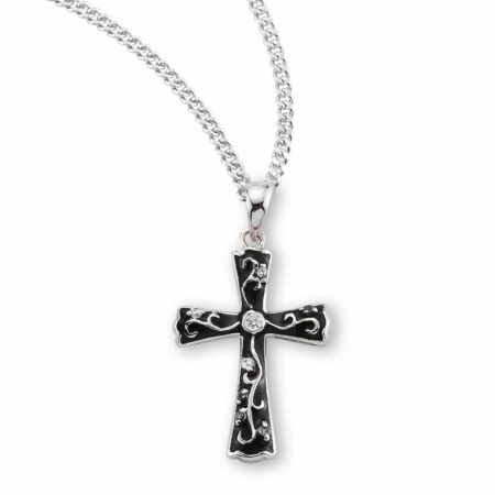 Black Enameled Sterling Silver Cross with Crystal Cubic Zirconia's "CZ's"