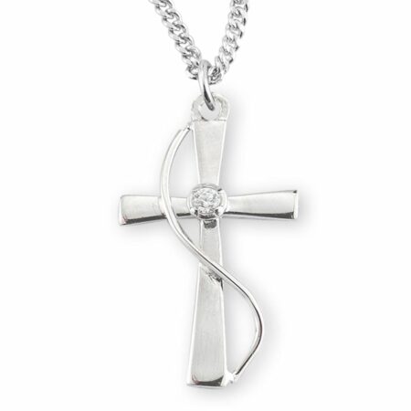 Sterling Silver Single Set Crystal Cubic Zirconia "CZ" Cross with Rhodium Plated Chain