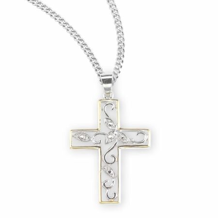 Crystal Cubic Zirconia's "CZ's" Sterling Silver Two Tone Vine Cross