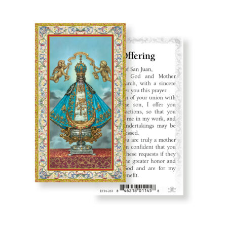 Our Lady of San Juan Gold-Stamped Laminated Holy Card – Offering Prayer – 2.0" x 4.0" – 100 Pack