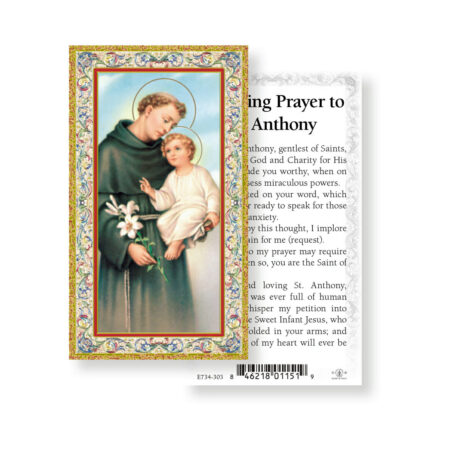 Saint Anthony Gold-Stamped Laminated Holy Card – Offering Prayer to Saint Anthony – 2.0" x 4.0" – 100 Pack
