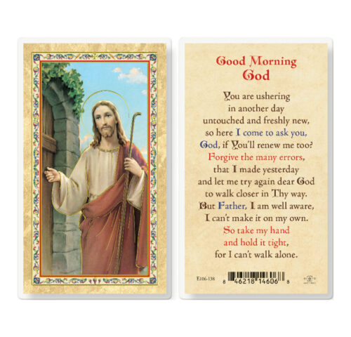 Good Morning God - Christ Knocking Gold-Stamped Laminated Holy Card - 25 Pack